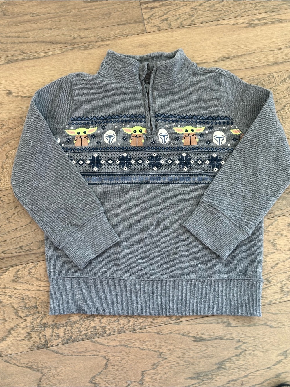 Star Wars Fair Isle Quarter Zip Grey Sweater Boys Size 5T Baby Yoda Grogu
